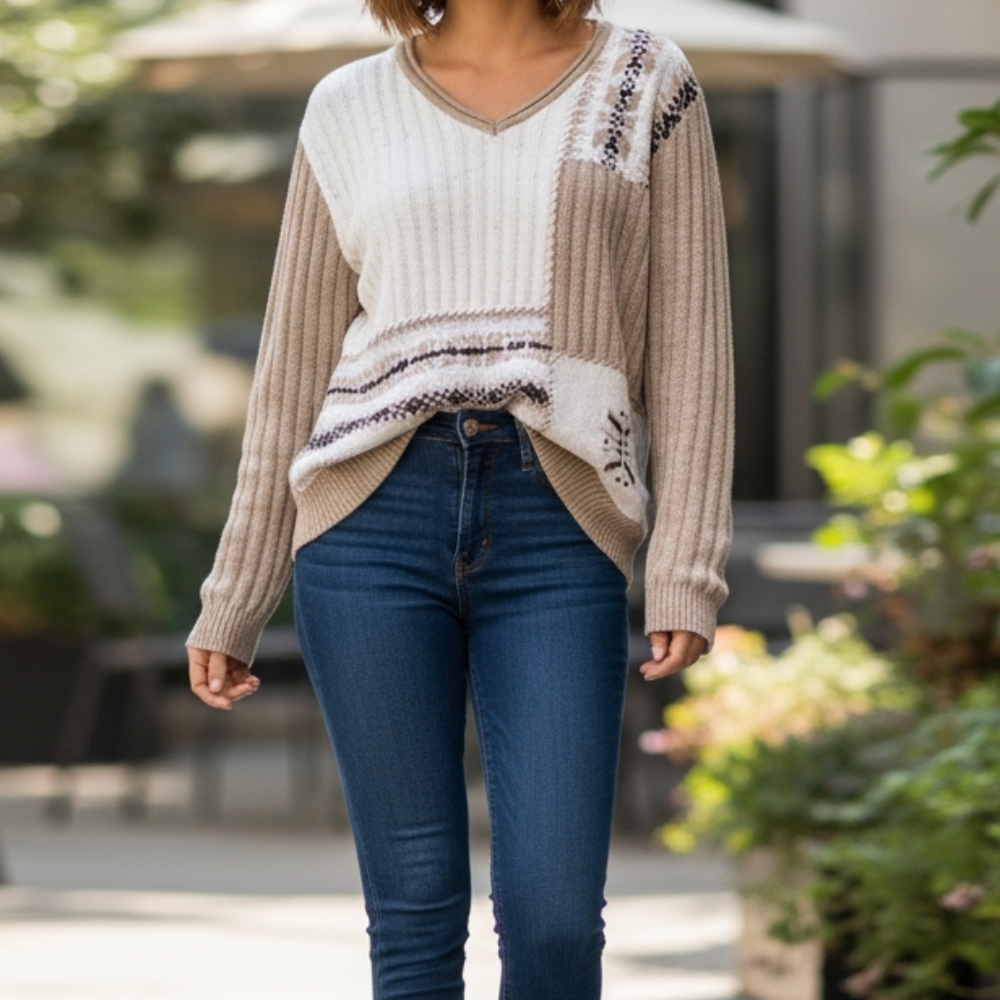 CLASSIC ELEMENTS Vintage-Inspired Patchwork V-Neck Knit Sweater, size L